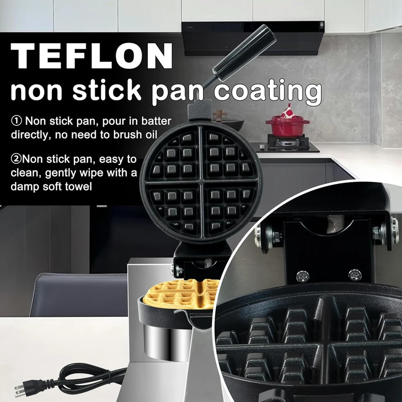 Commercial 1300W 180-degree rotary Belgian waffle maker with temperature and timer controls