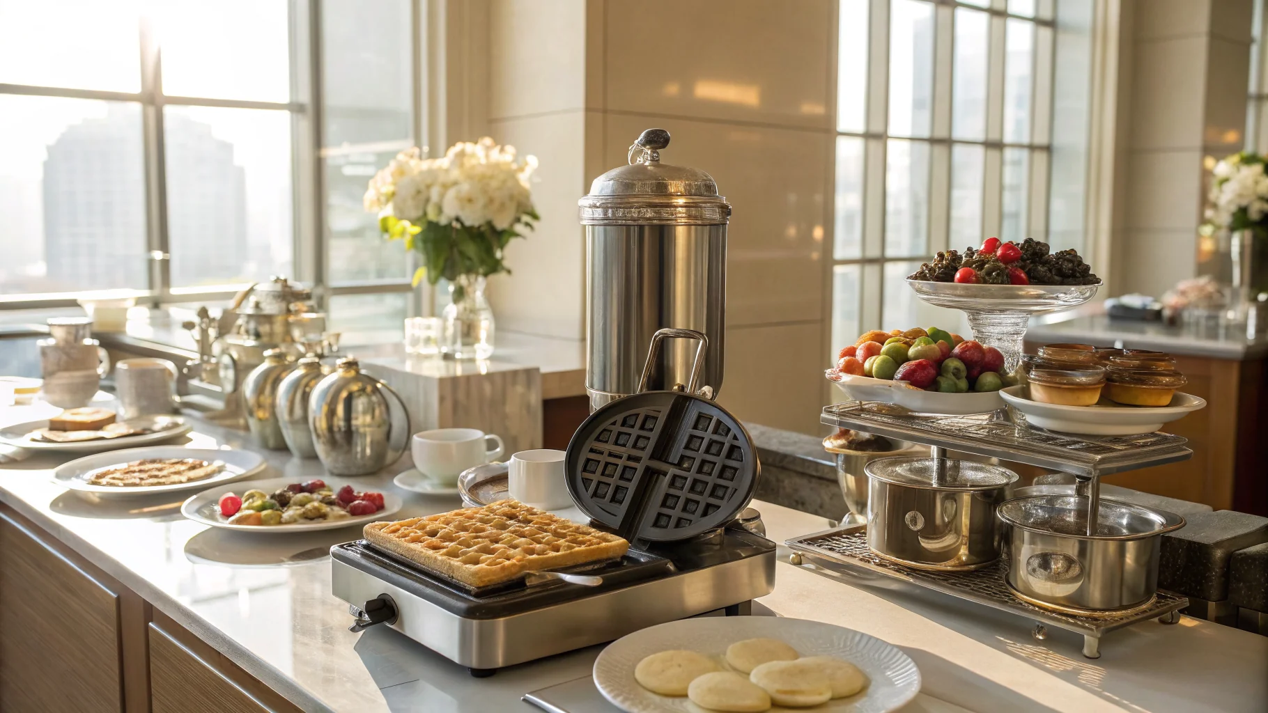 Hotel breakfast buffet station with fresh waffles and toppings
