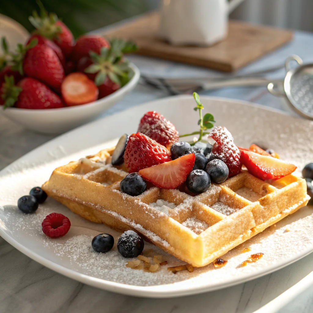 Golden Belgian waffle with fresh berries and maple syrup