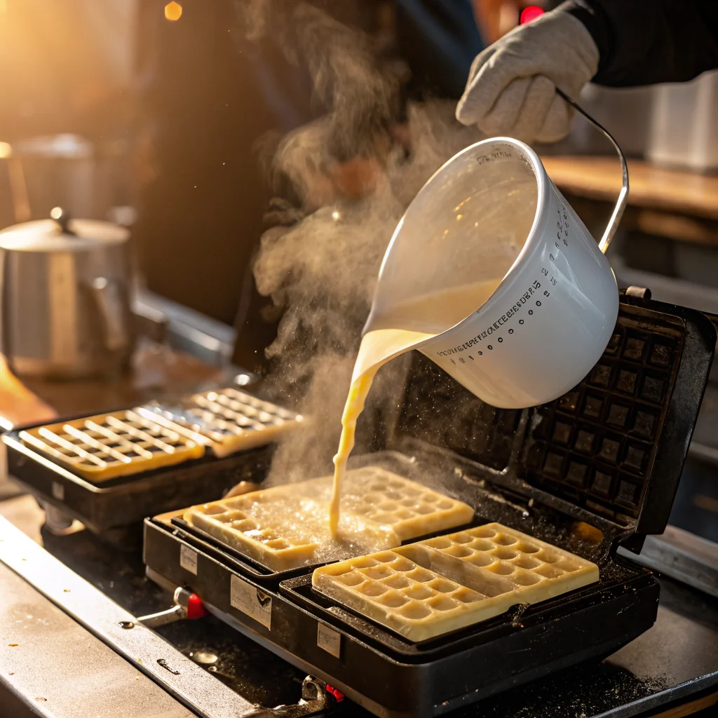 Close-up of waffle batter being poured into a hotel waffle maker