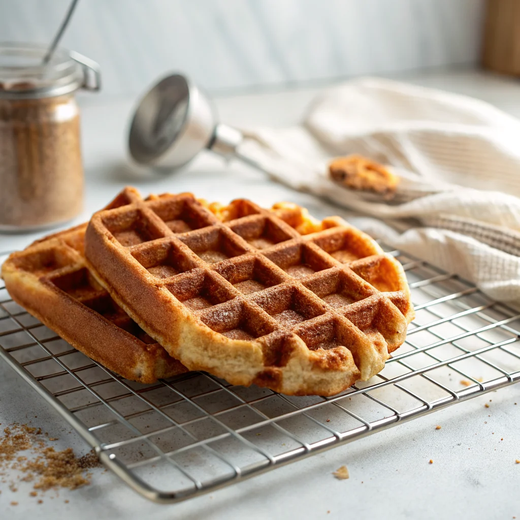 Perfectly browned waffle with deep grid pattern on a white plate