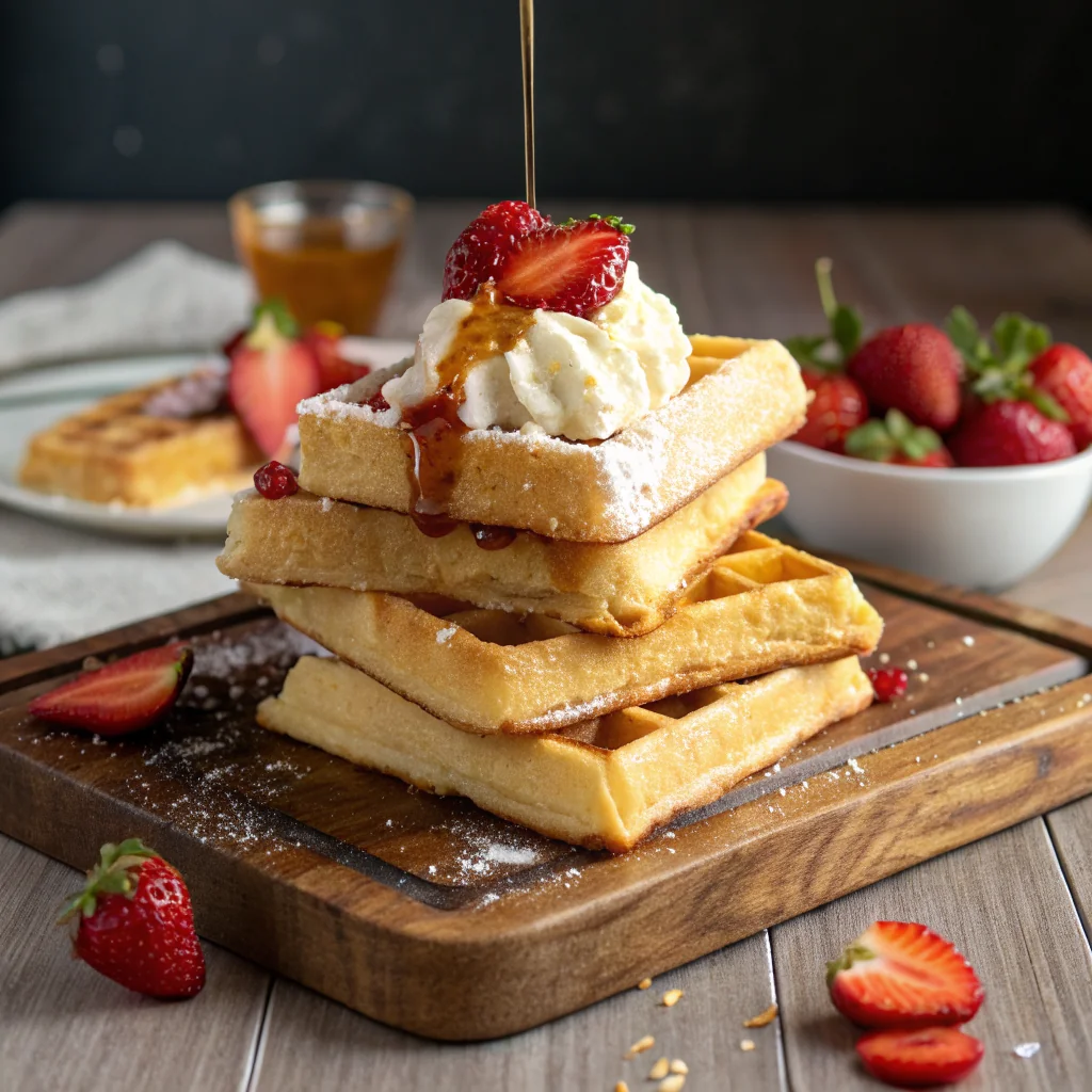 Stacked waffles with whipped cream and strawberries