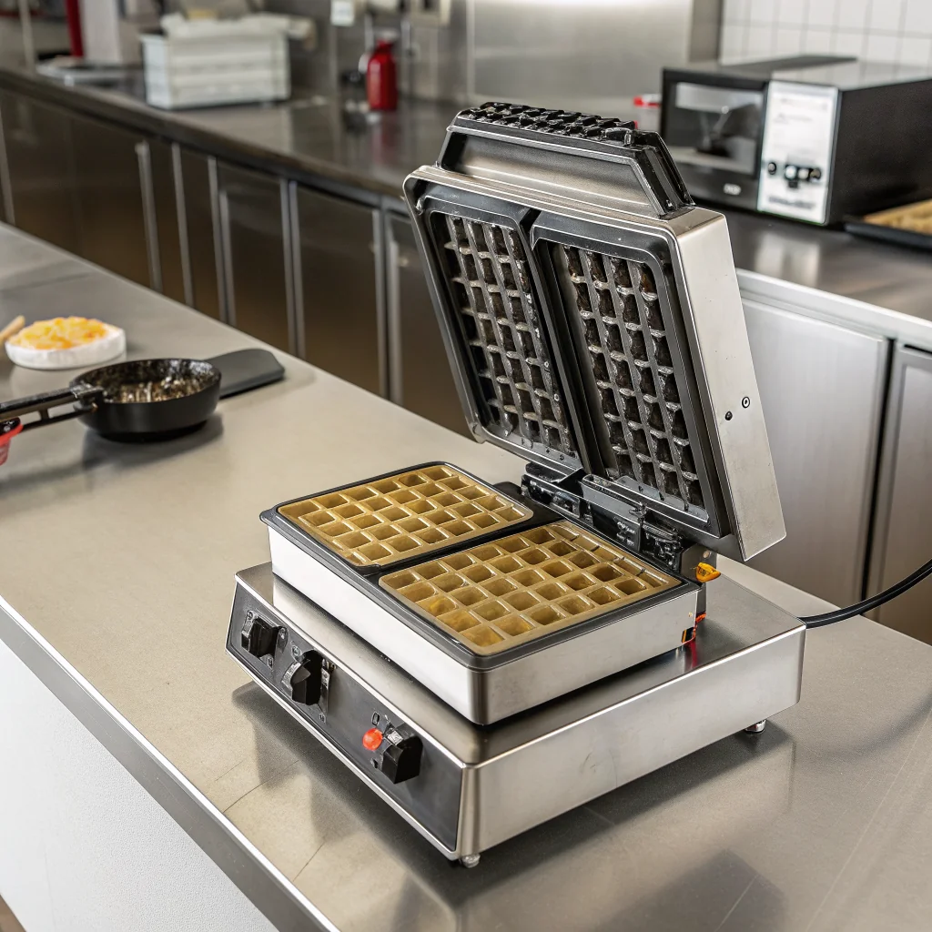 Commercial waffle maker in a luxury hotel kitchen setting