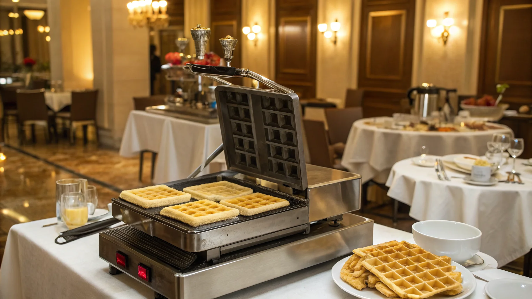Professional hotel waffle maker producing golden Belgian waffles in a luxury hotel breakfast buffet