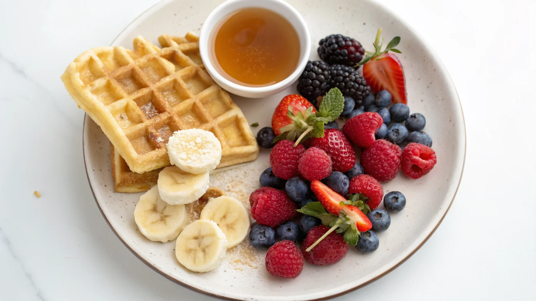 Hotel waffle with nutritional information and fresh fruit toppings