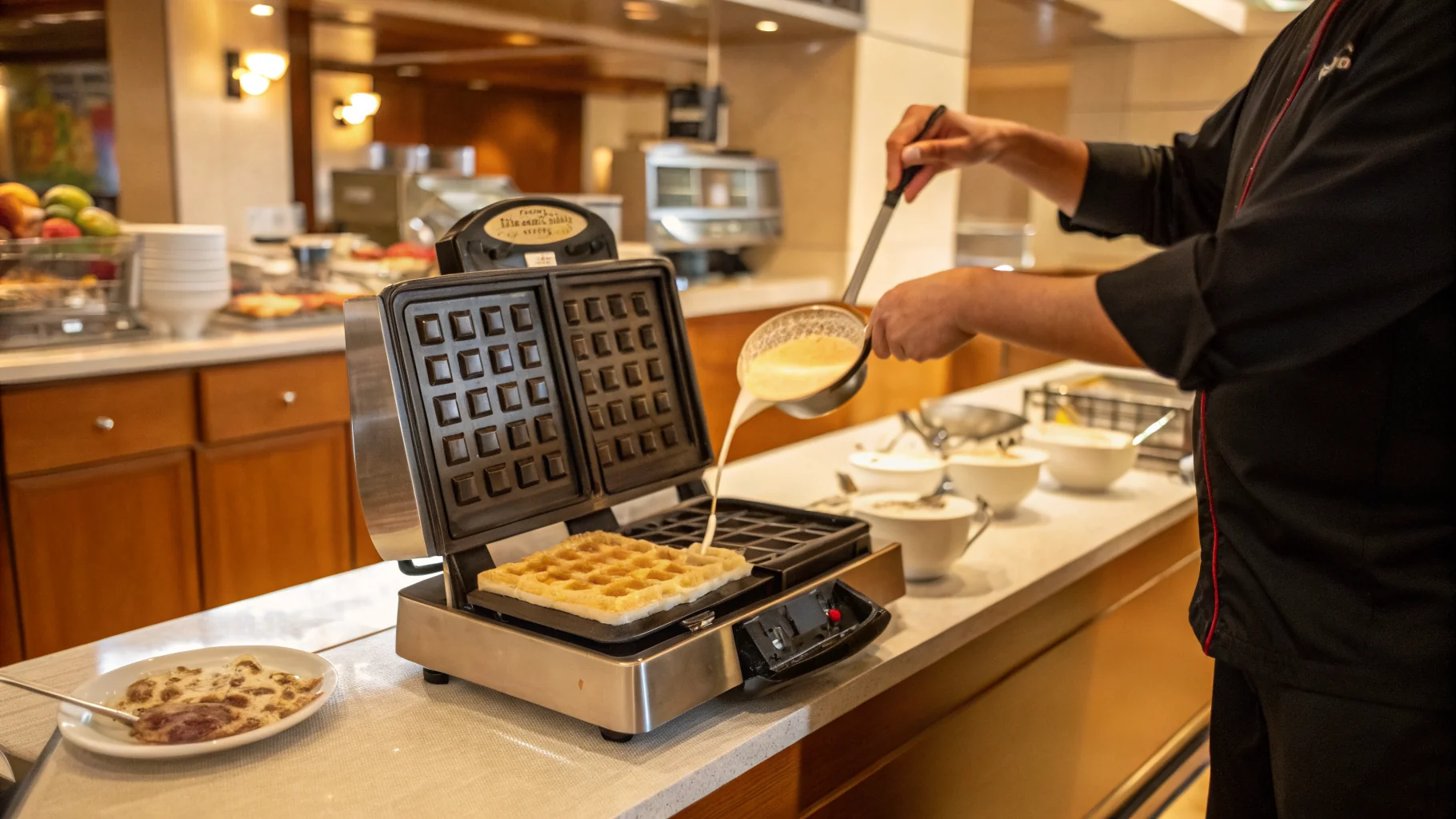 Hotel waffle maker with batter and golden waffle