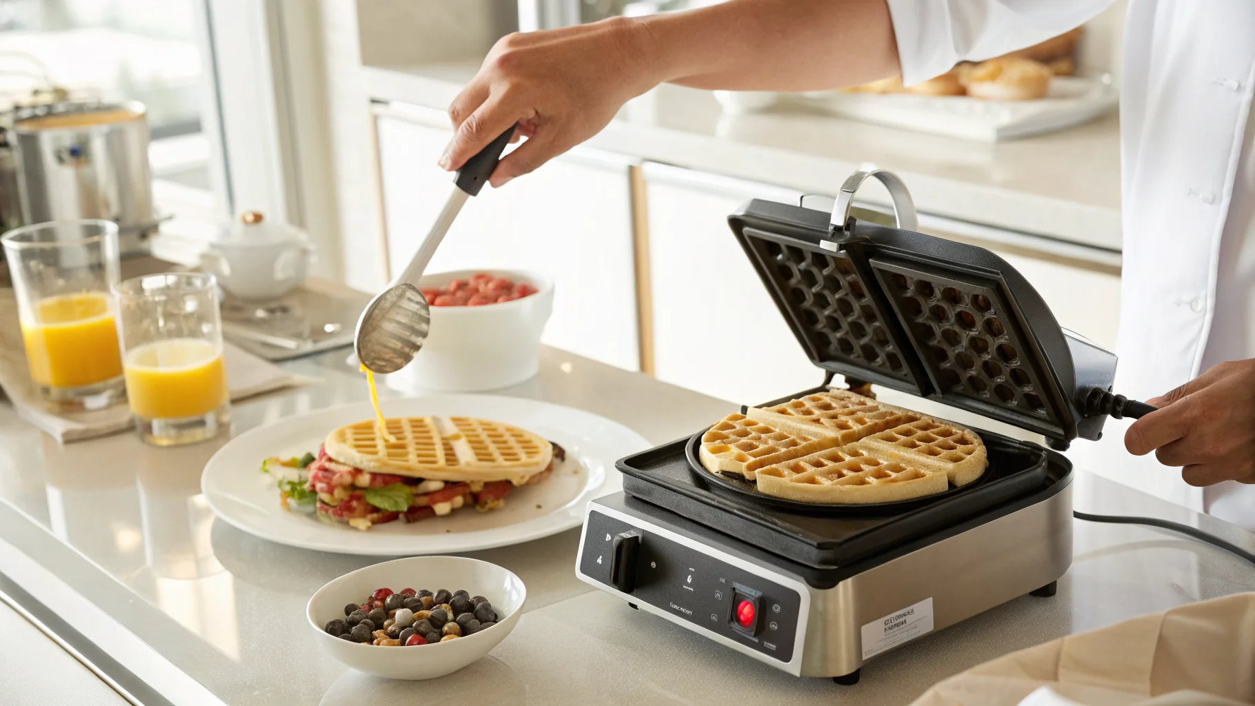 Hotel waffle maker with instruction manual and waffle batter