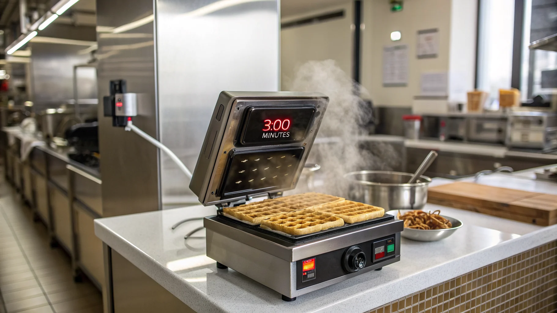 Hotel waffle maker with digital timer display showing countdown